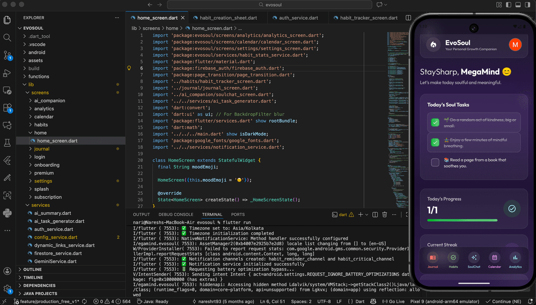 EvoSoul AI-powered journaling app developed by Aircoding - Digital wellness mobile application showcasing AI automation capabilities for small businesses in Coimbatore and Chennai